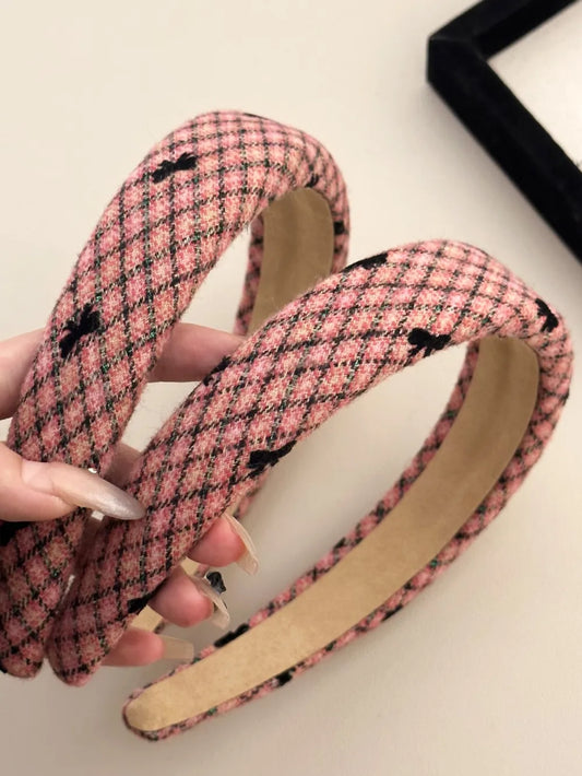 Plaid Bow Wide Headband Pink One Size - Fashorio