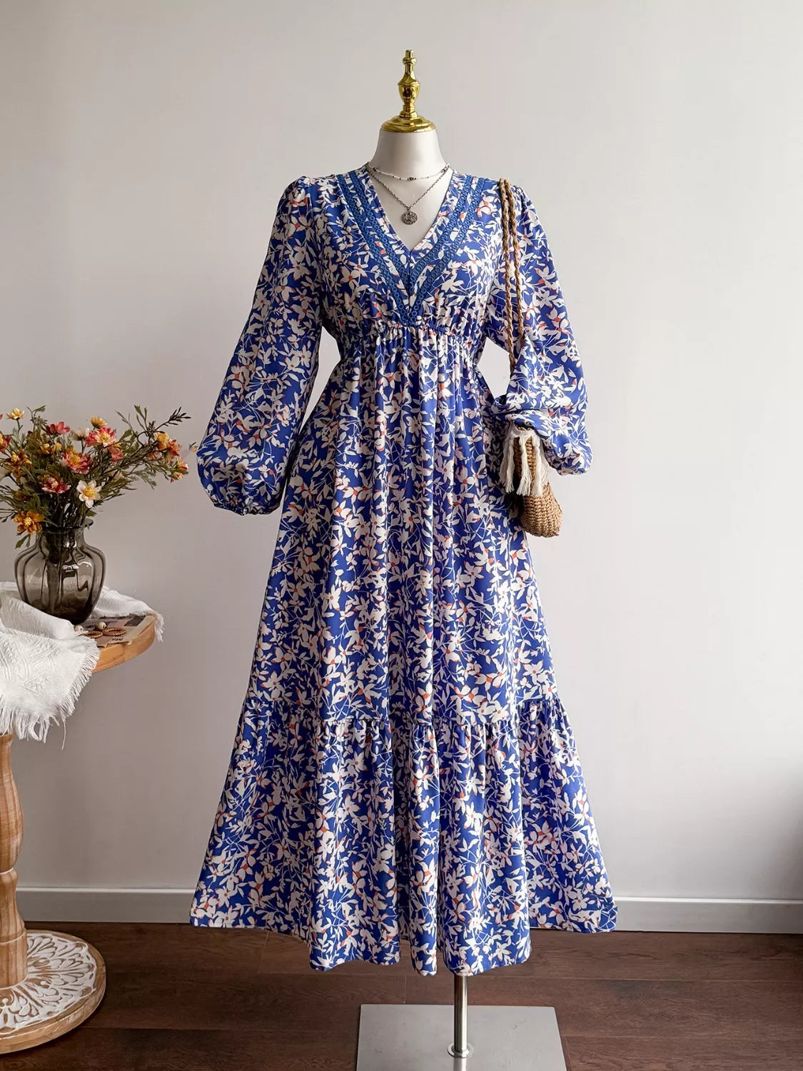Plus size floral V neck long sleeve maxi dress full length view