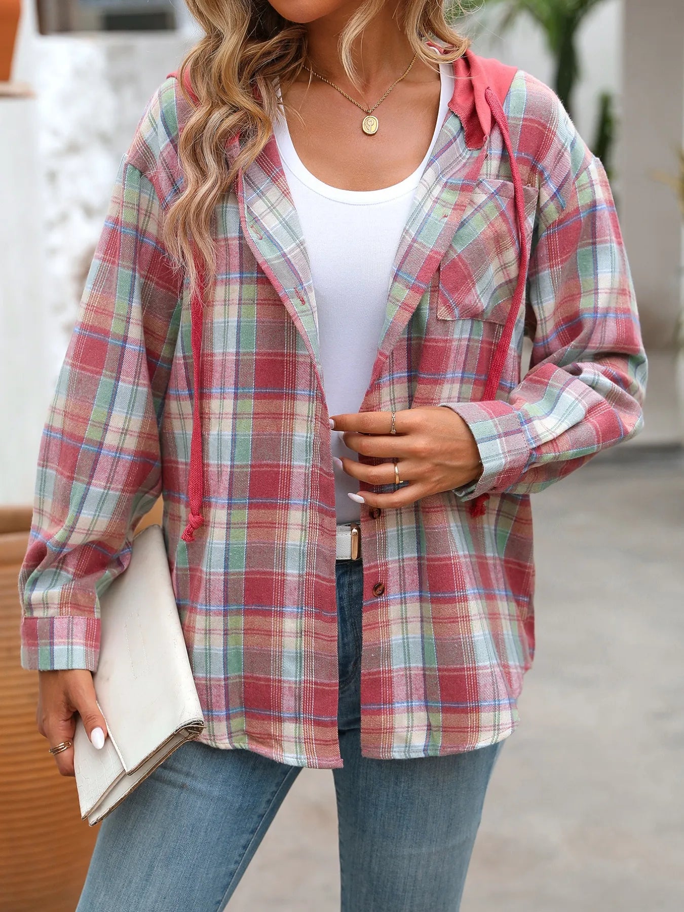 Plaid Button-Up Hooded Shirt - Fashorio