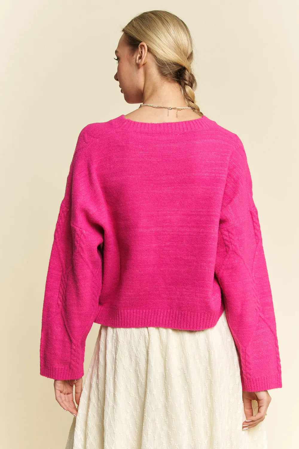 Diamond Cable Knit Drop Shoulder Sweater in Pink styled look