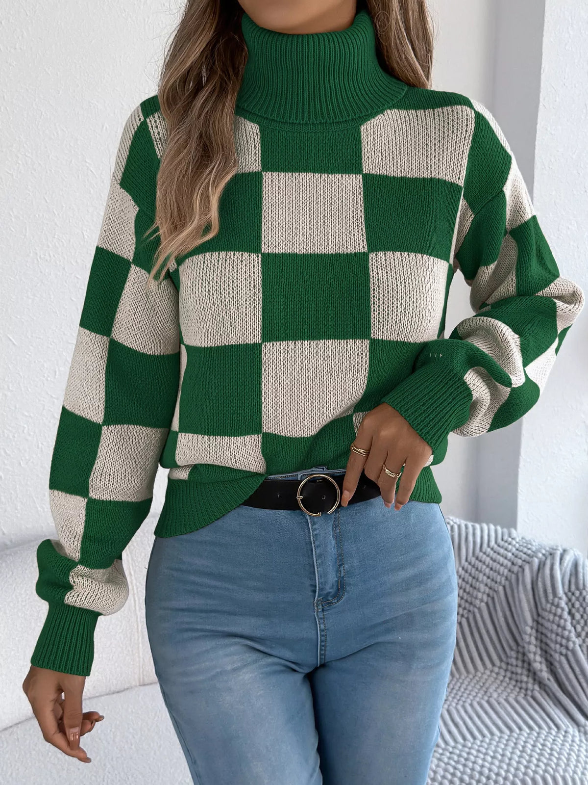 Checkered Turtleneck Long Sleeve Sweater detail