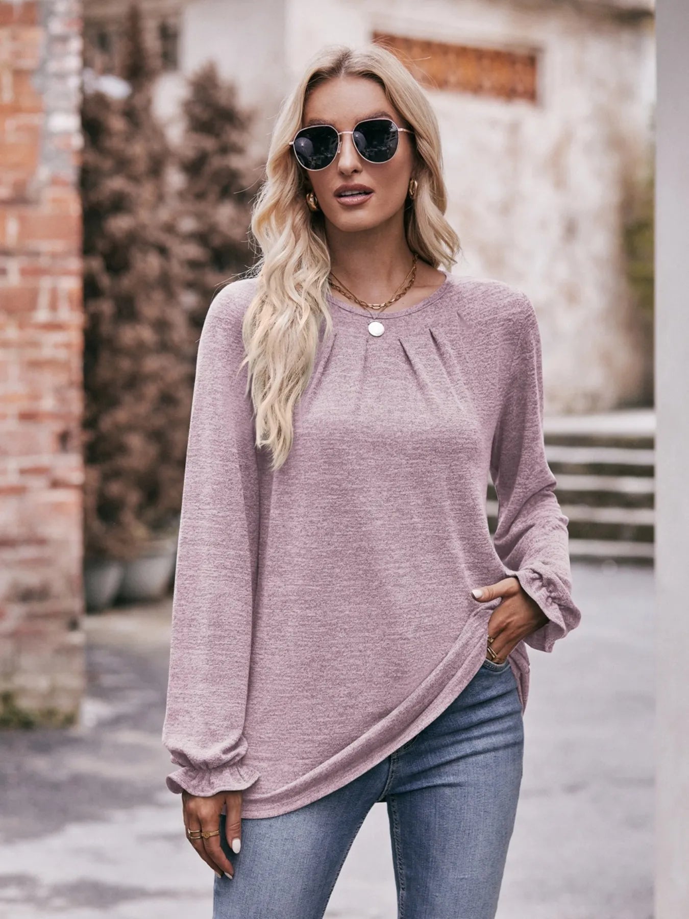 Round Neck Long Sleeve Casual T-Shirt - Fashorio