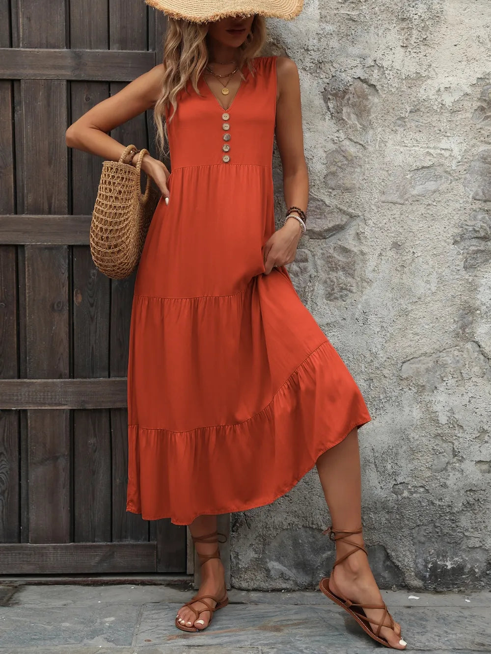 Ivy Lane Decorative Button Notched Sleeveless Dress Orange-Red - Fashorio