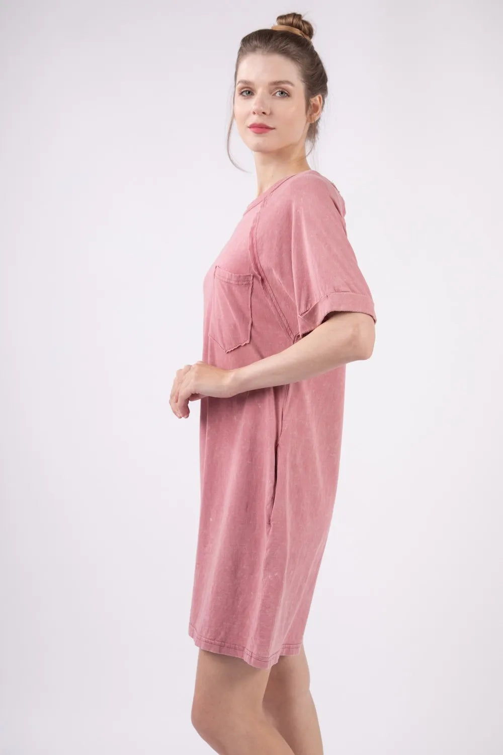 Washed Round Neck Tee Mini Dress in Mauve