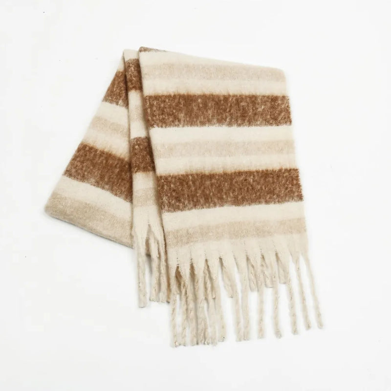 Fringe contrast striped scarf shown at full length