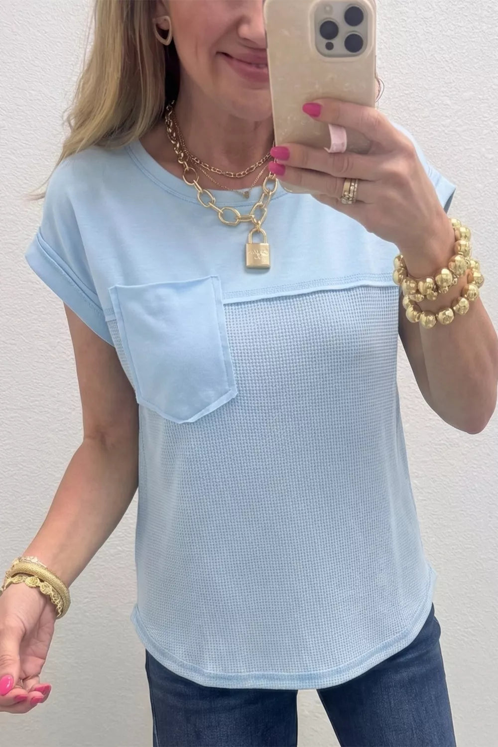 Light blue waffle knit pocket tee side view
