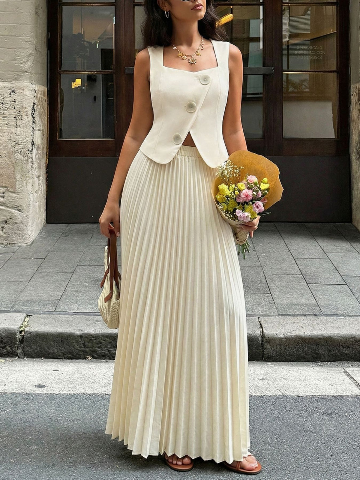 Apricot vest and pleated maxi skirt two piece set front view