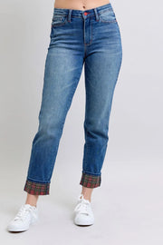 Judy Blue Full Size Plaid Print Cuff Straight Leg Jeans with Pockets - Fashorio