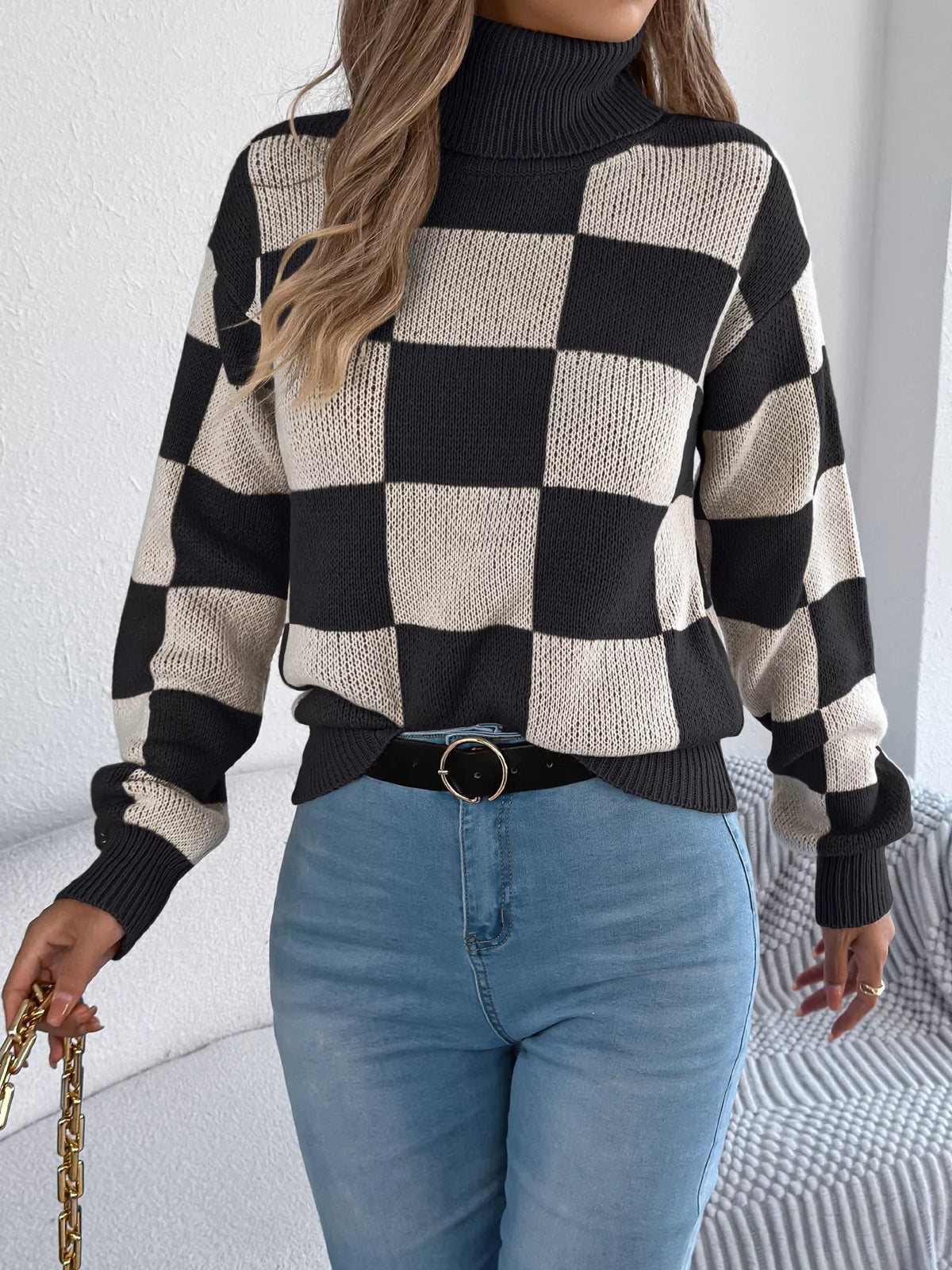 Checkered Turtleneck Long Sleeve Sweater view 10