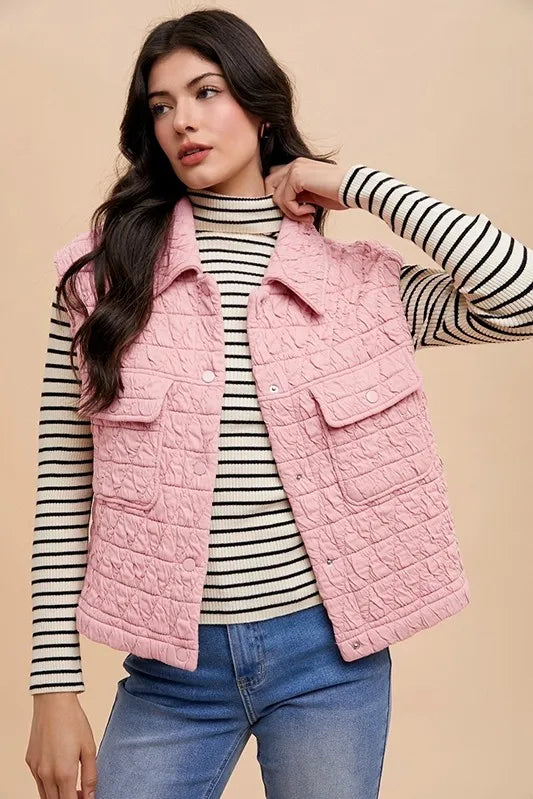 Annie Wear Texture Quilted Snap Down Vest Coat Blush Pink - Fashorio