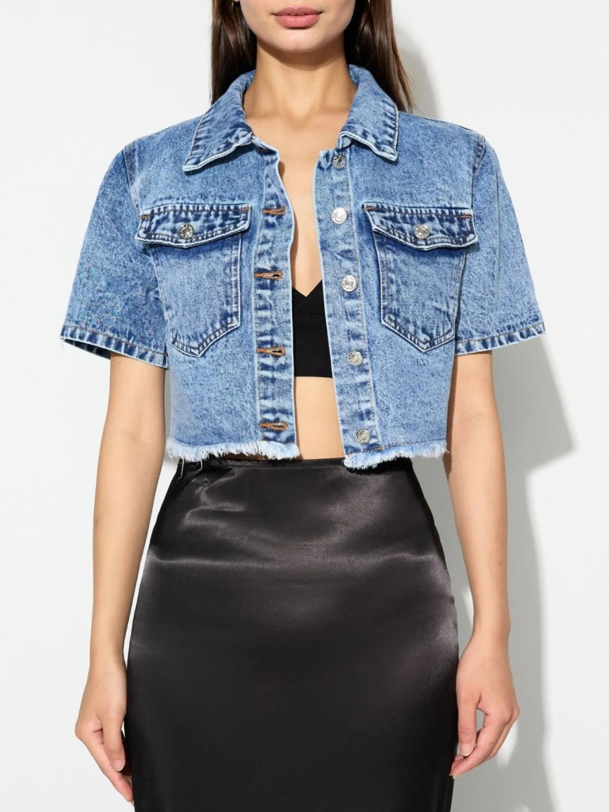 Cropped Short Sleeve Denim Jacket in Blue styled look