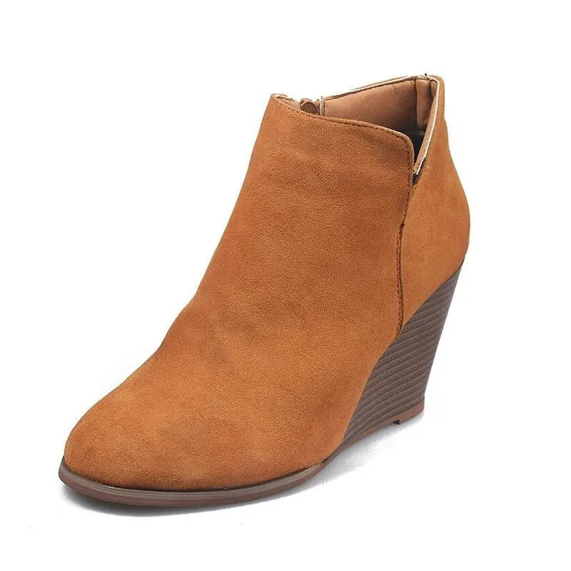 Ochre high heel ankle boots with side zip close up of the toe