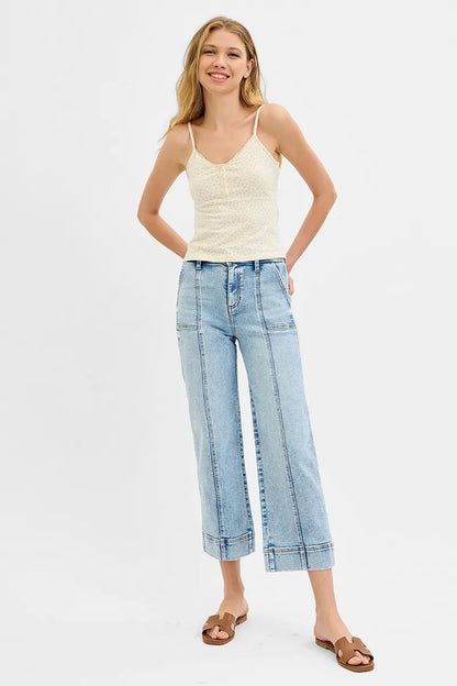 RISEN Full Size High Rise Crop Wide Front Seam Detailed Jeans Plus Size - Fashorio