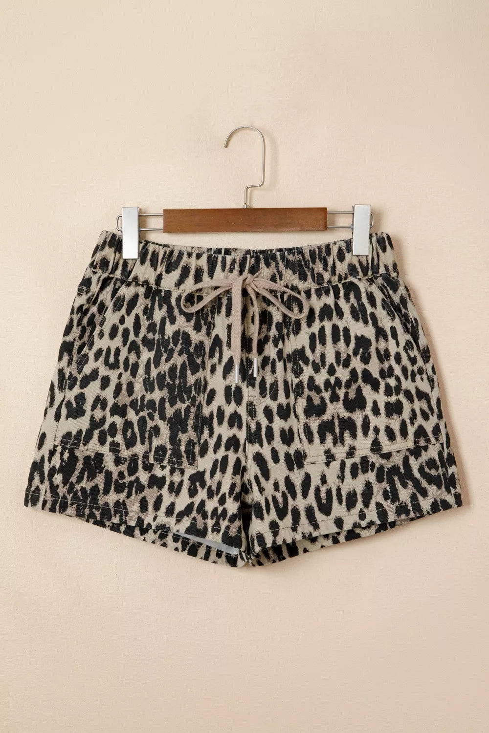 Leopard print lace up mid rise denim shorts back view