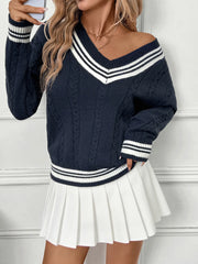 Contrast Striped V-Neck Sweater Dark Blue - Fashorio