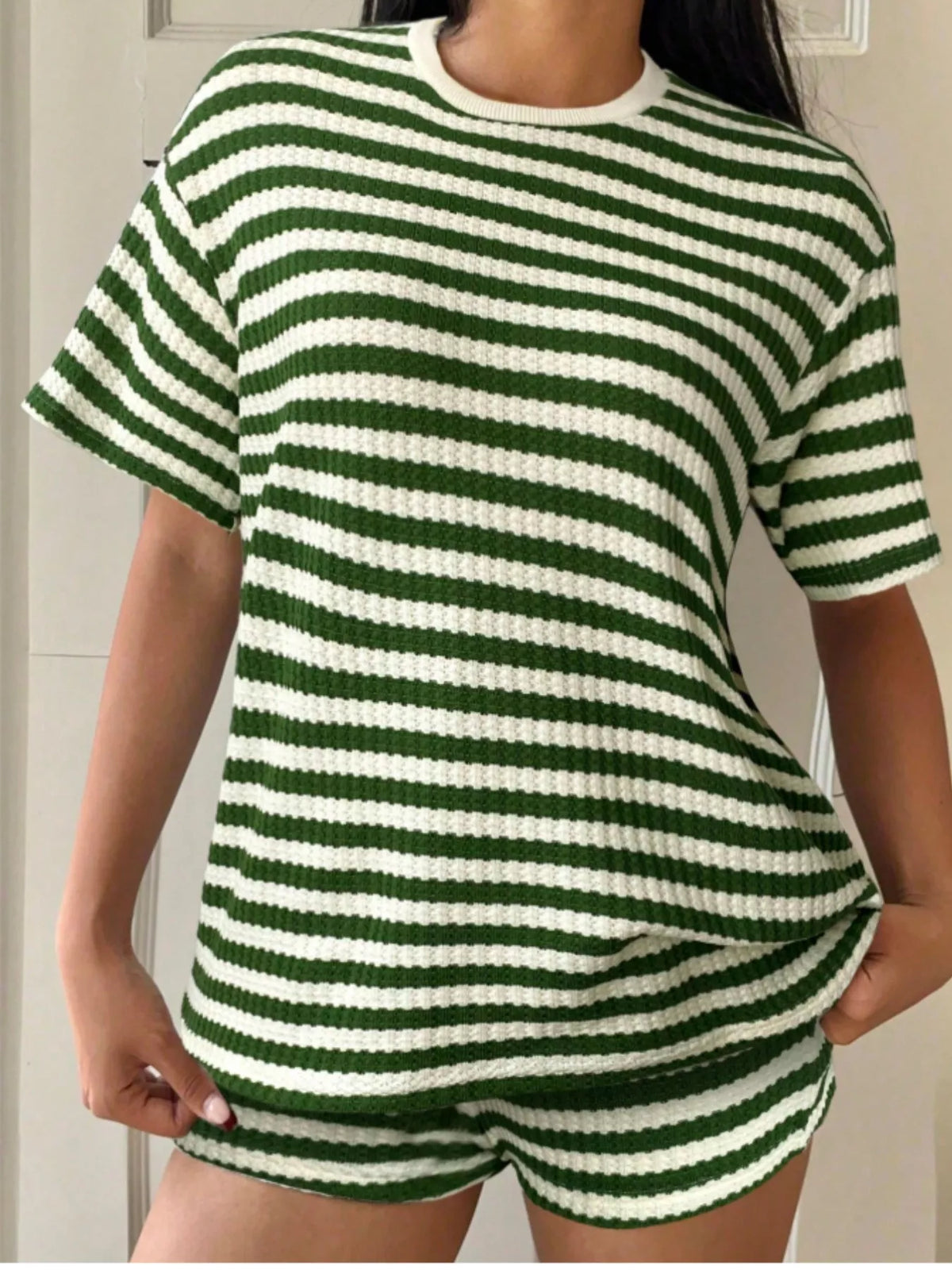 Striped round neck set top and shorts view