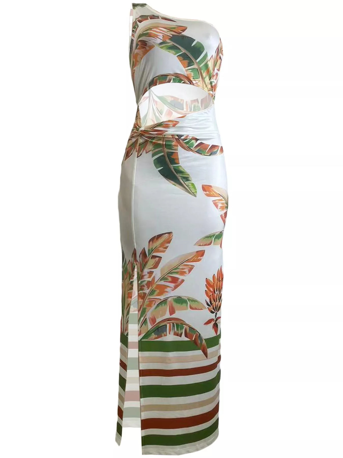 Back view of the one shoulder tropical print dress