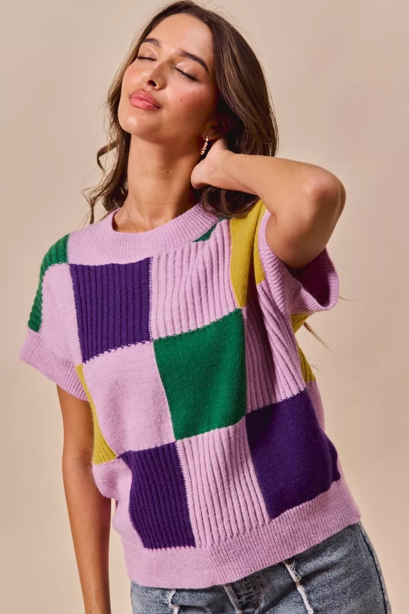 Check Plaid Casual Sweater Top in Lavender close up