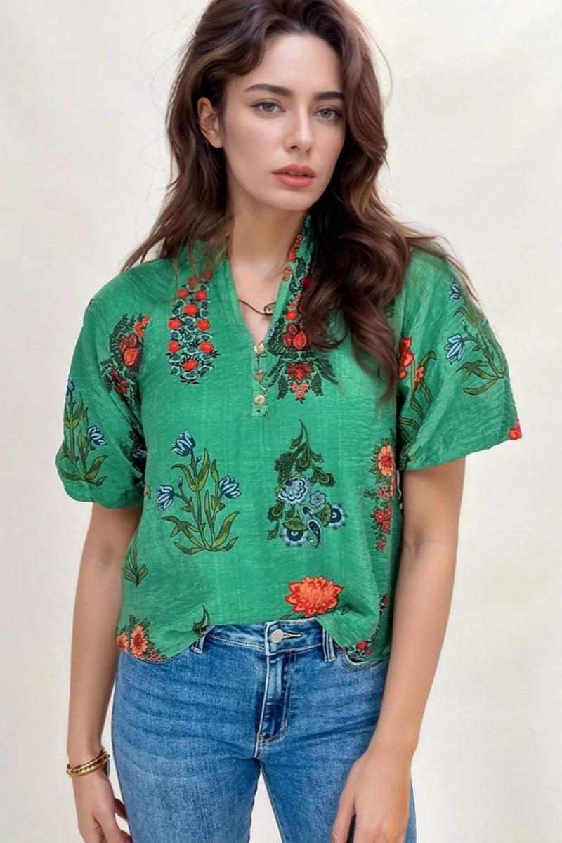 Floral print notched neck short sleeve blouse front view