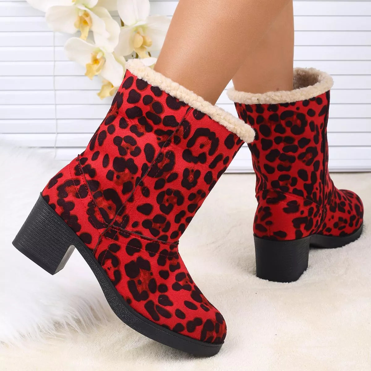 Plush Cuff Block Heel Boots heel and sole detail