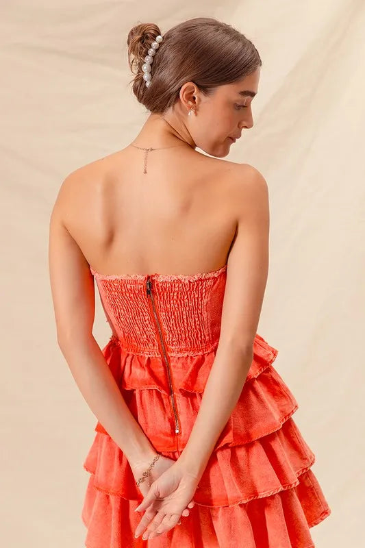 Strapless Ruffle Layered Dress in Orange side view