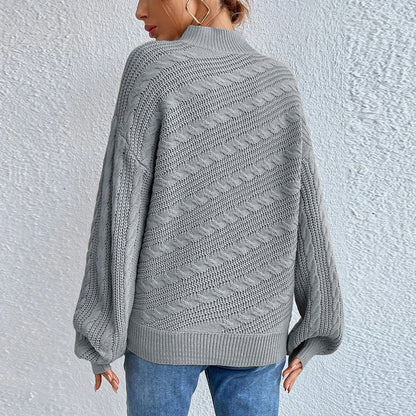 Cable-Knit Mock Neck Long Sleeve Sweater - Fashorio