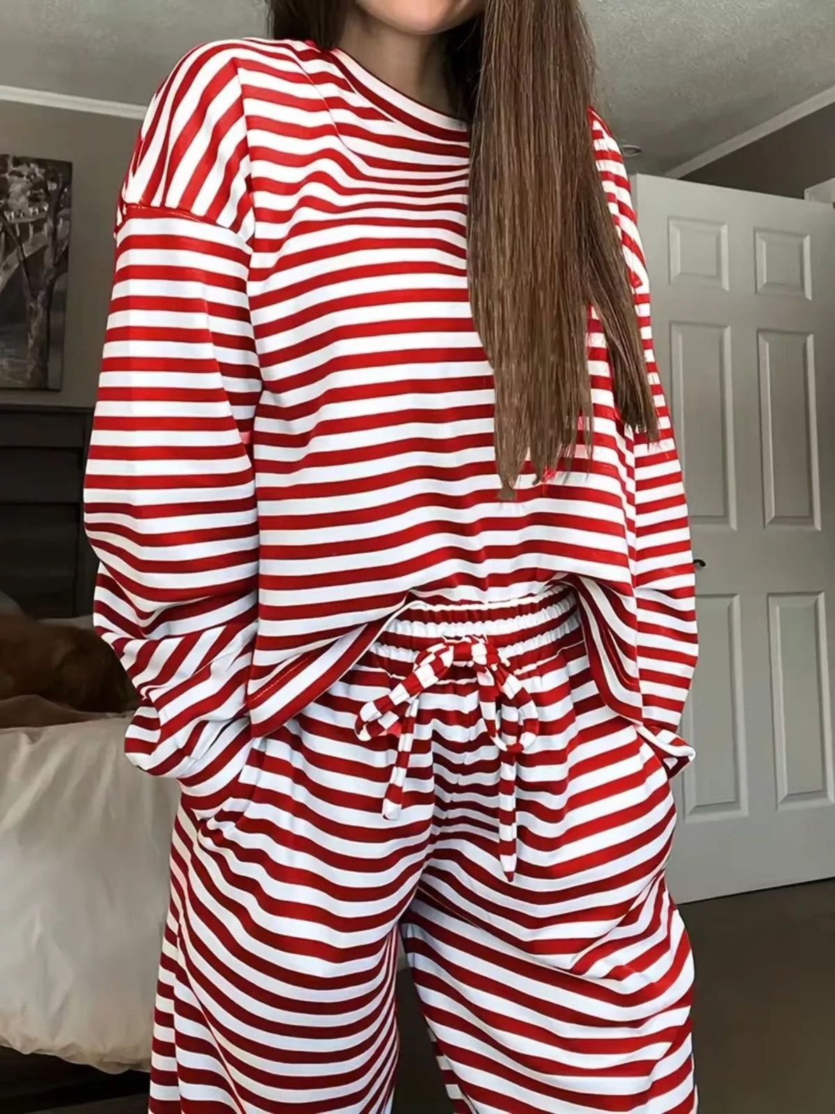 Striped top and pants set close up