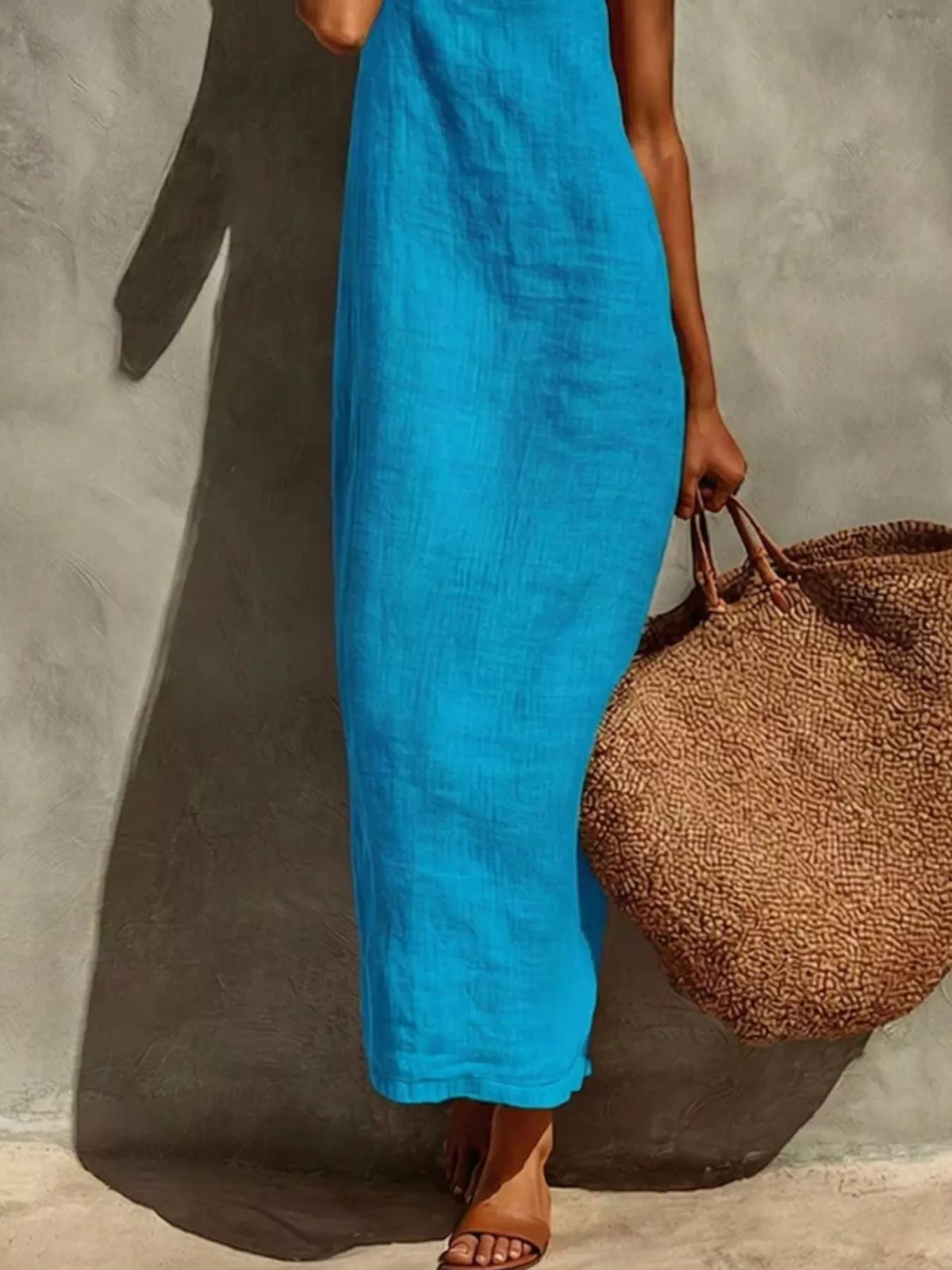Sleeveless linen feel maxi dress styled look