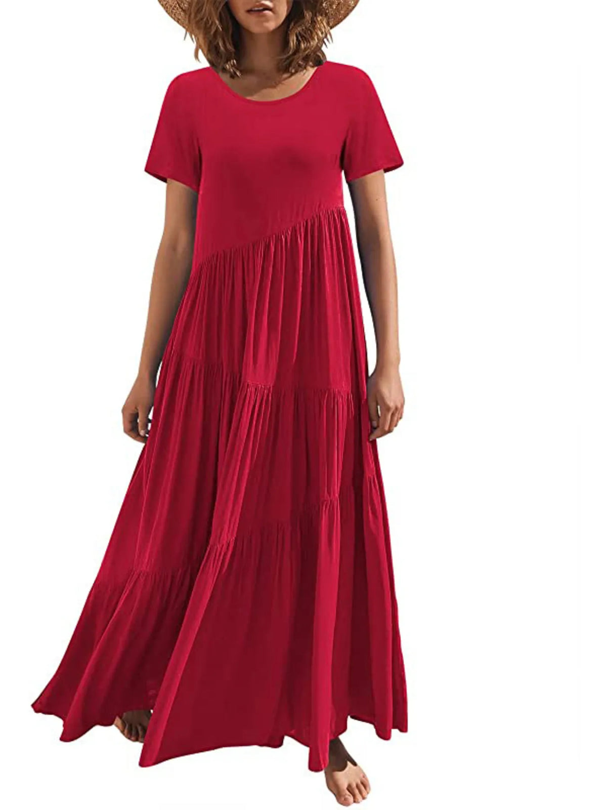 round neck tiered ruffle maxi dress side view