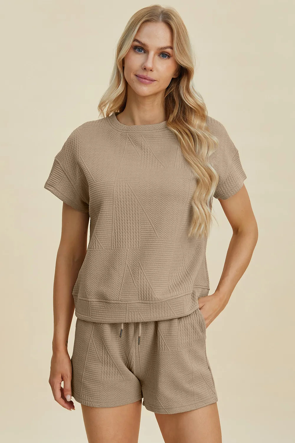Textured short sleeve top and shorts two piece set