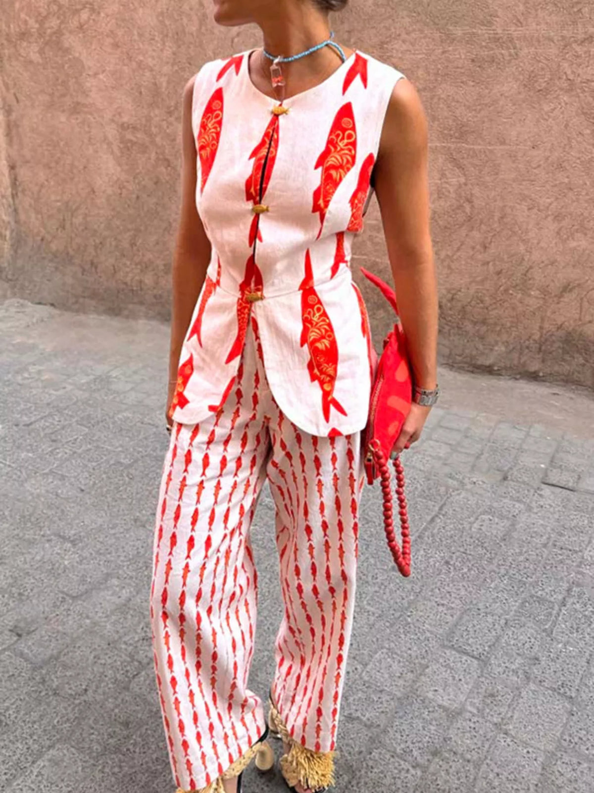 Fish Print Sleeveless Top and Pants Set, view 9