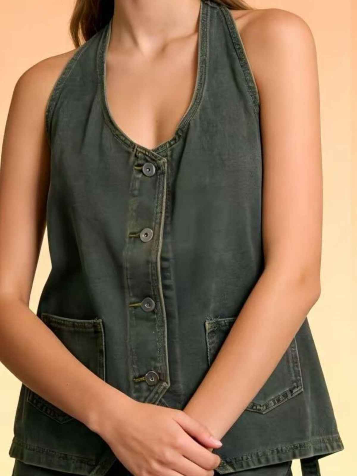 Halter Neck Button Down Denim Vest in Dark Blue view 10