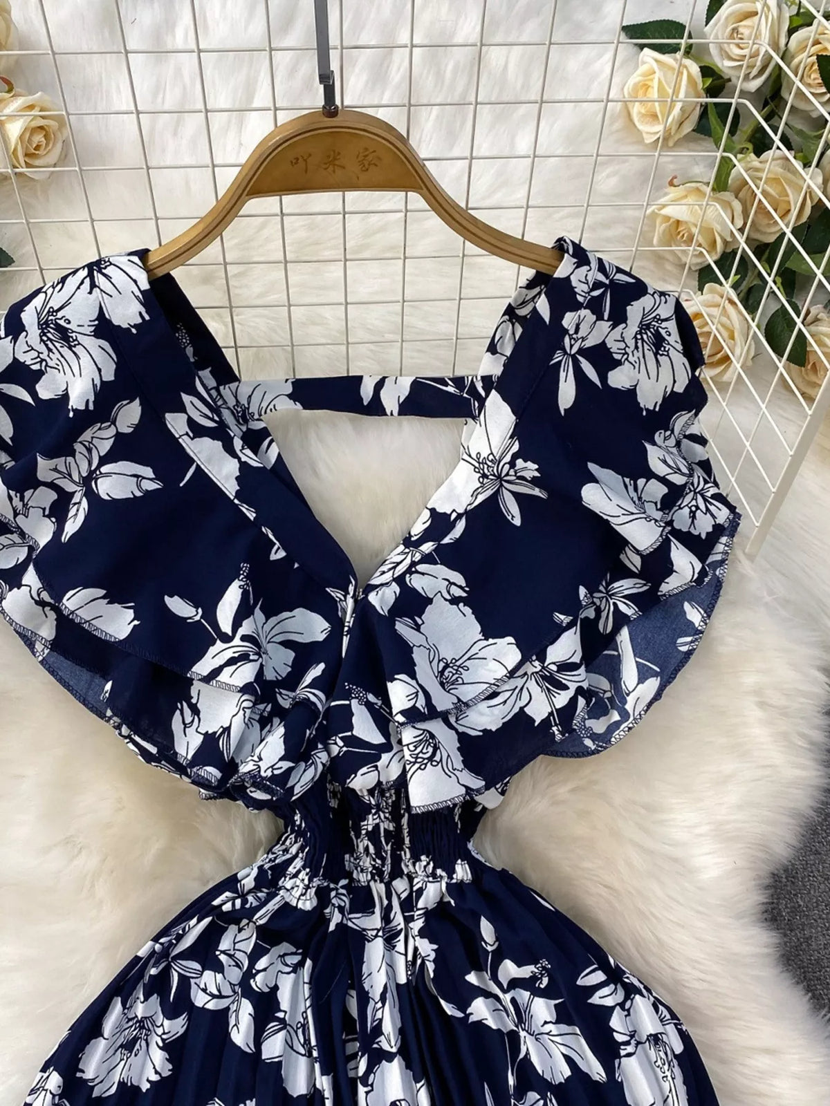 Floral print wide leg pleated jumpsuit back view