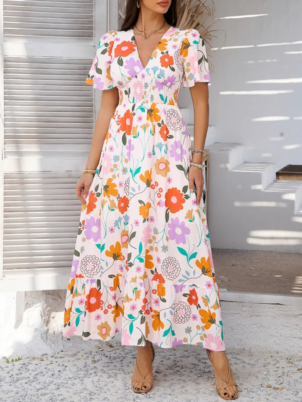 Smocked maxi dress detail view