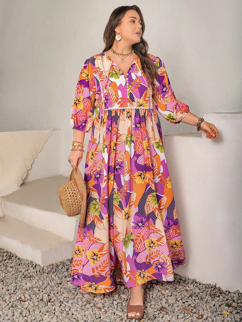 Plus size printed tie neck maxi dress front view