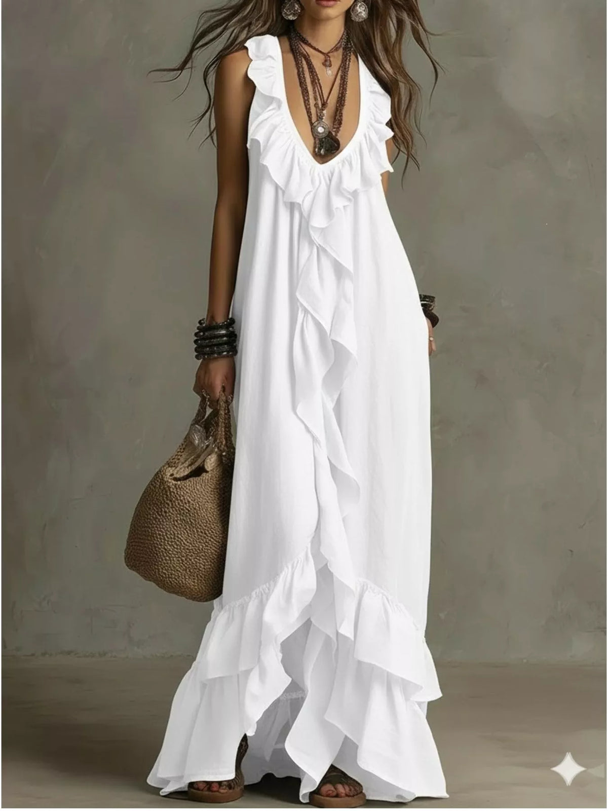 Ruffled sleeveless maxi dress styled view