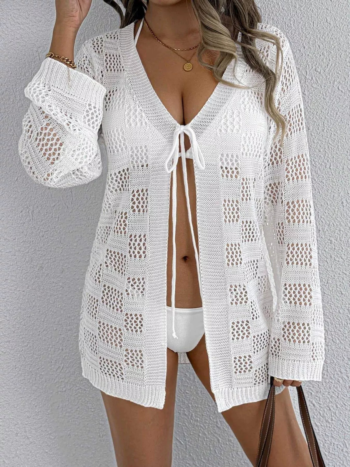 Crochet tie front swim cover up, front view