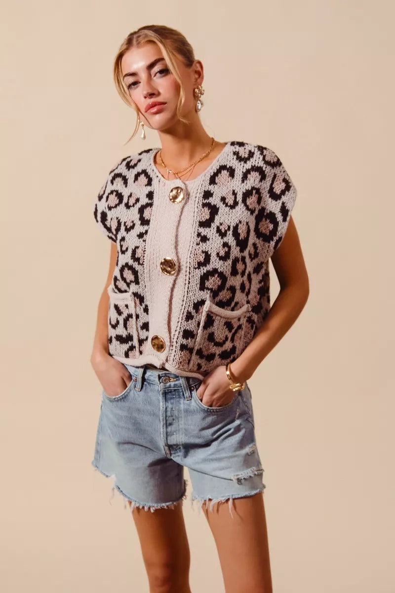 Button Front Leopard Print Sweater Vest on model