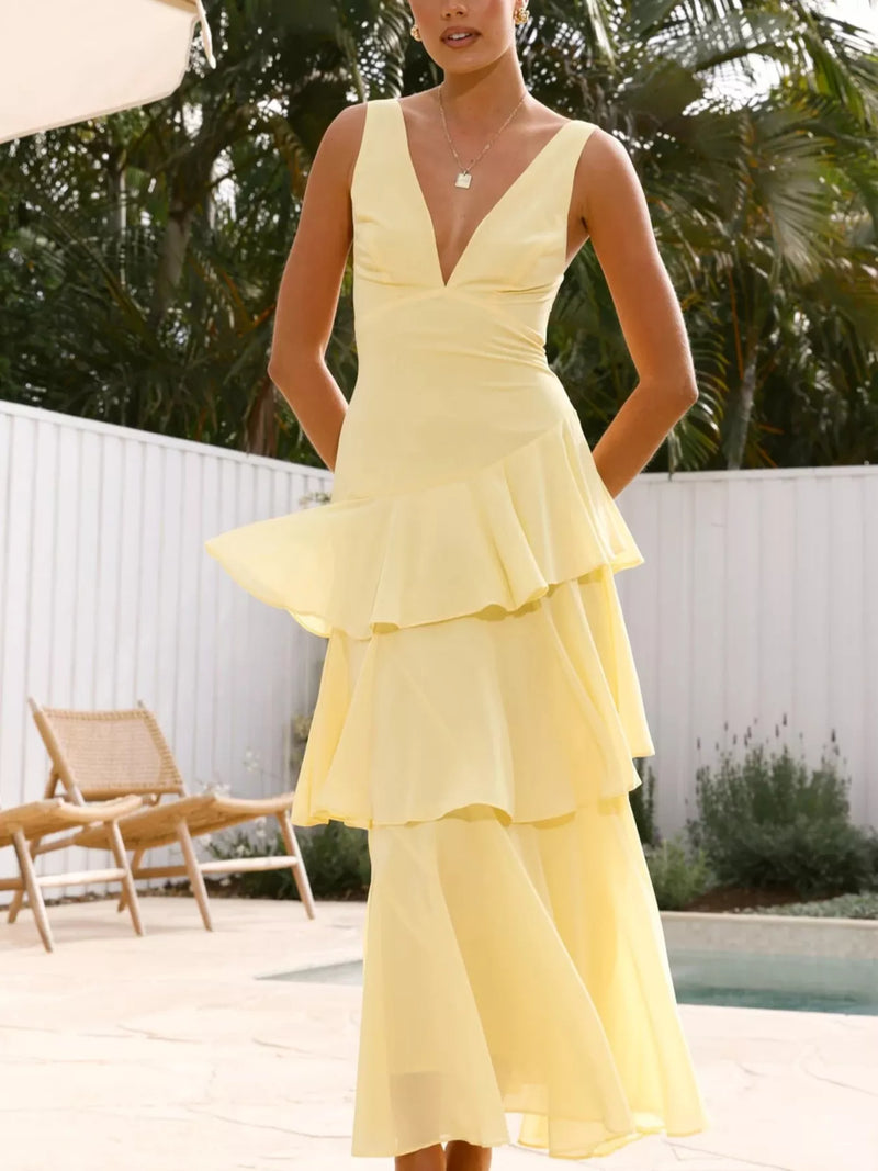 sleeveless ruffled backless maxi dress front view