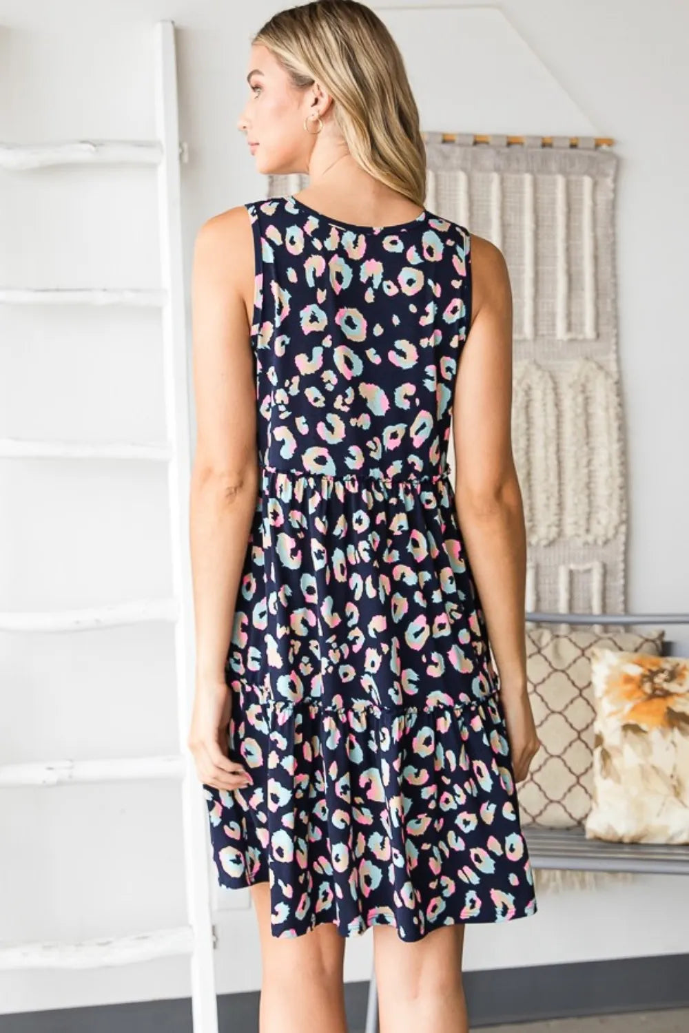 Leopard V Neck Ruffled Tank Dress back view