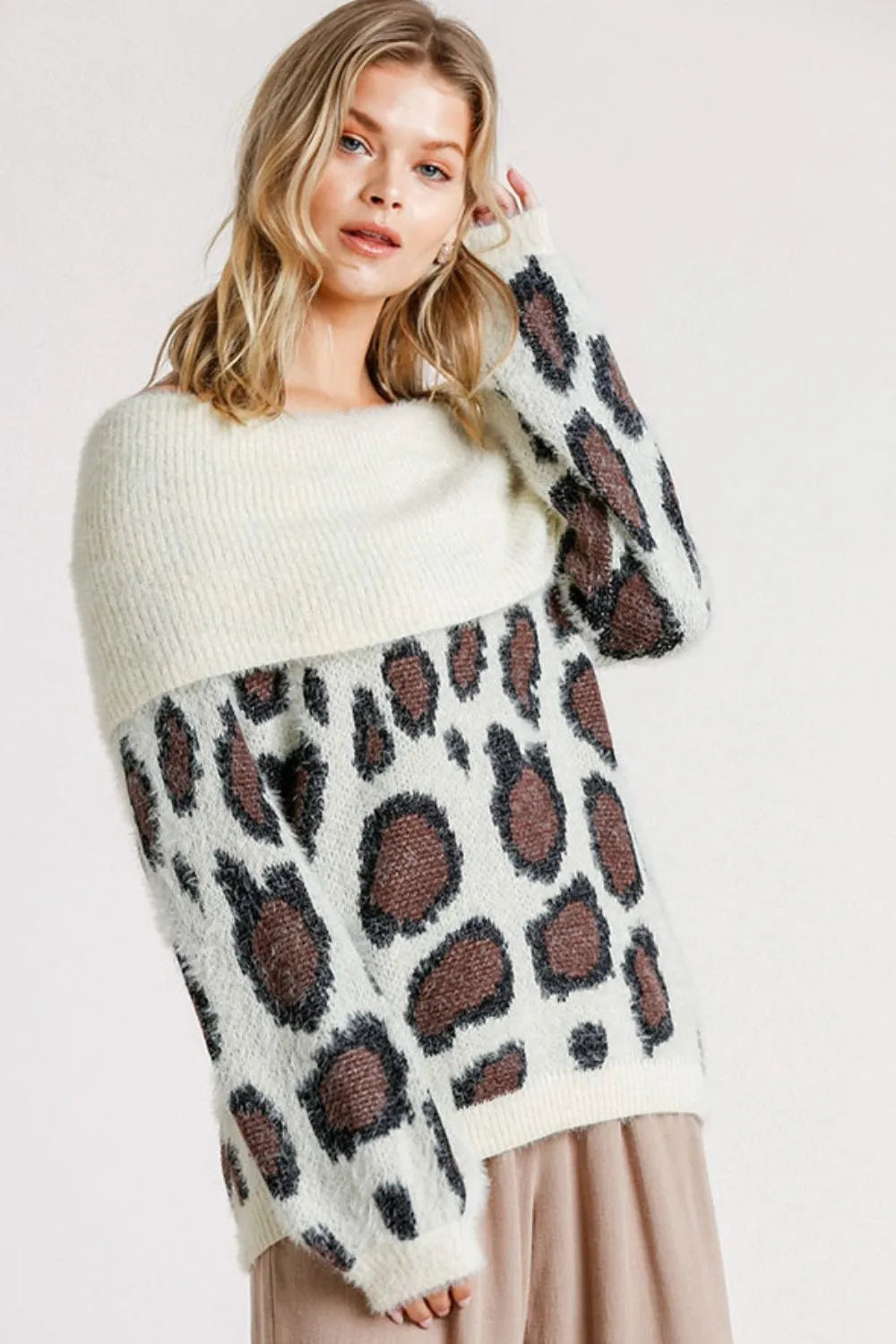 Leopard Off Shoulder Long Sleeve Sweater Plus Size in Cream