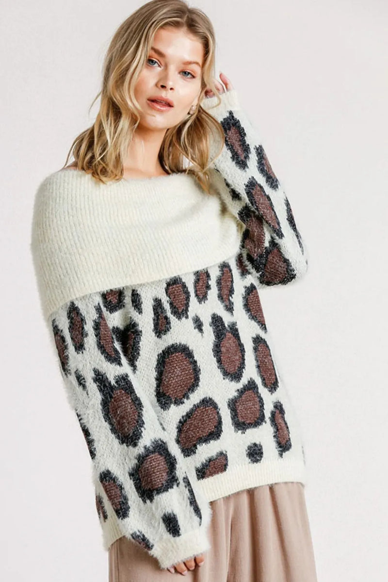 Leopard Off Shoulder Long Sleeve Sweater Plus Size in Cream