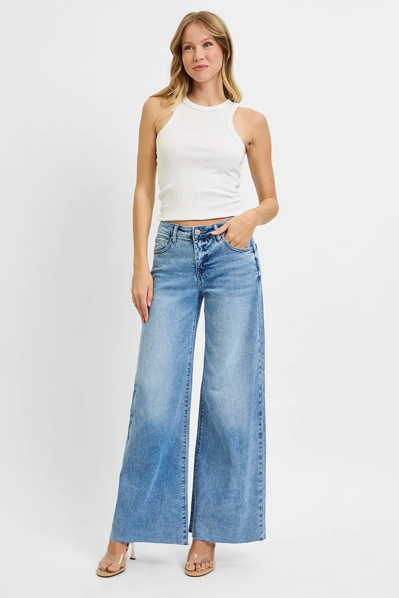 RISEN womens light wash palazzo jeans styled outfit