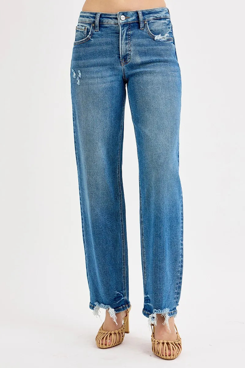 RISEN mid rise baggy jeans in dark wash front view