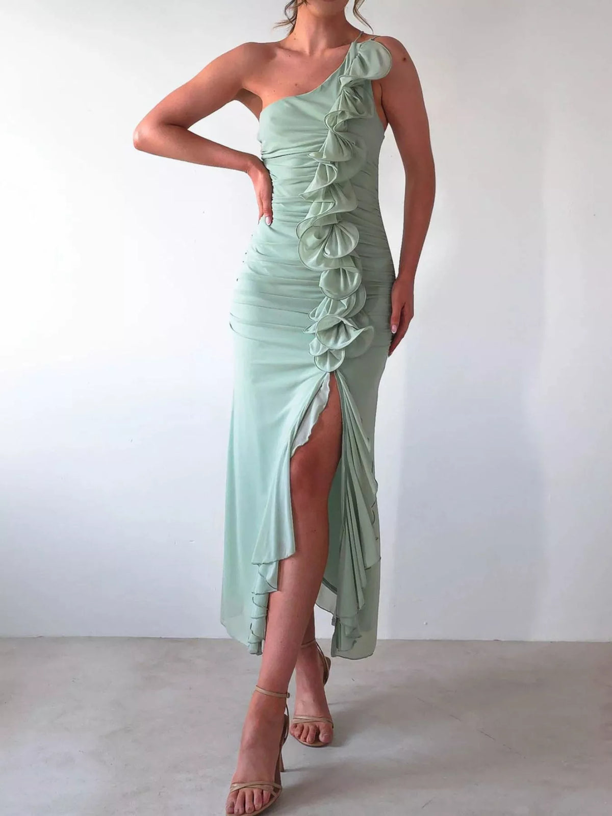 one shoulder ruffle slit dress side view