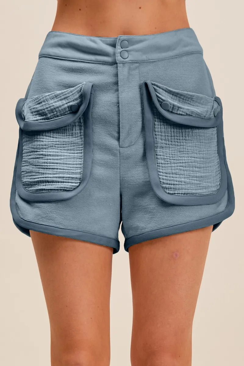 SO ME Mineral Washed Terry High Rise Cargo Shorts DENIM BLUE - Fashorio