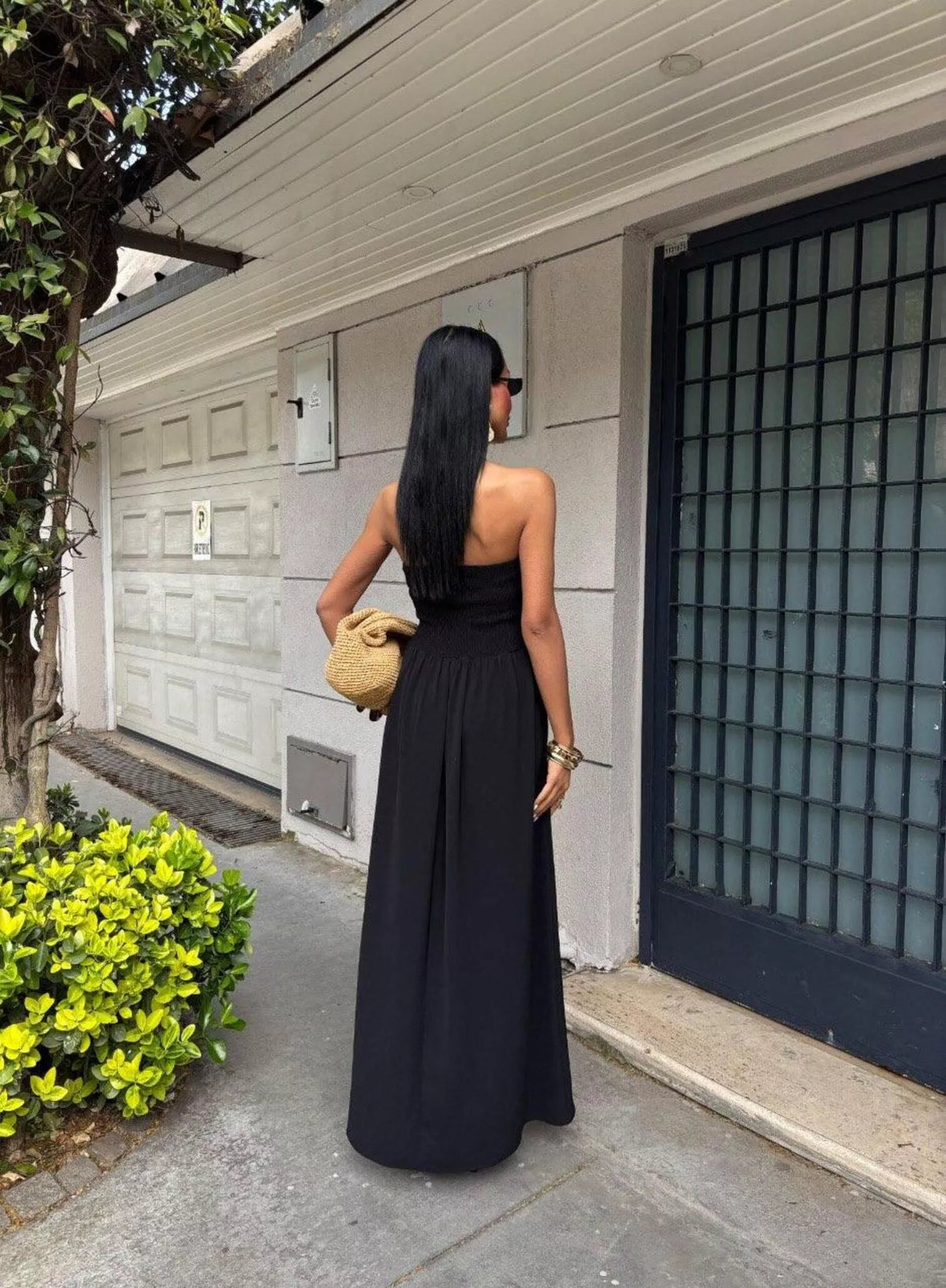Strapless smocked maxi dress styled view