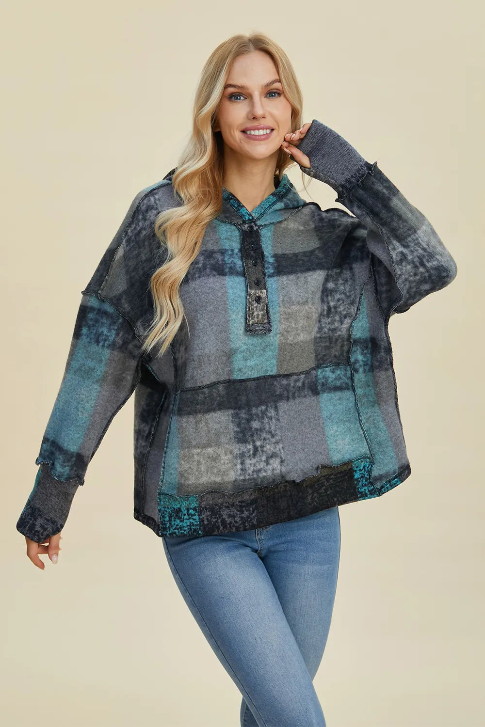 Dropped shoulder plaid hoodie side view
