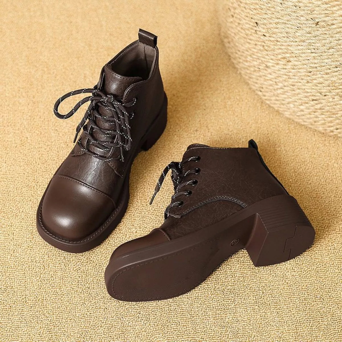 brown round toe block heel boots side profile