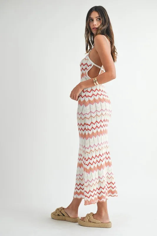 MABLE Lightweight Pointelle Chevron Knit Maxi Dress - Fashorio
